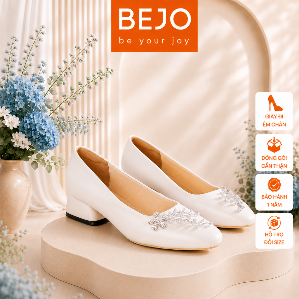 Giày Cao Gót Nữ Cao Cấp BEJO H91.03 Hoa Mai Nhánh Pha Lê Cao Cấp - Giày Cưới Cô Dâu Đi Êm Chân