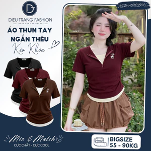 Áo Thun Nữ Tay Ngắn Thêu Hươu Kéo Khóa Cổ V Co Giãn Tôn Dáng Big Size 55-90Kg AT9034 Dieu Trang