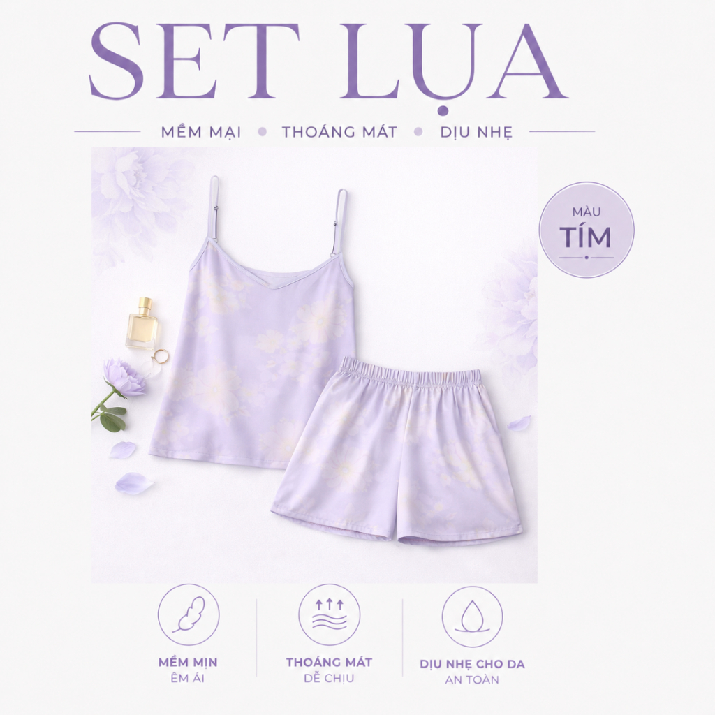 Set Lụa Nữ Hai Dây Hoa Pastel – Mềm Mịn, Thoáng Mát, Nhẹ thoái mãi
