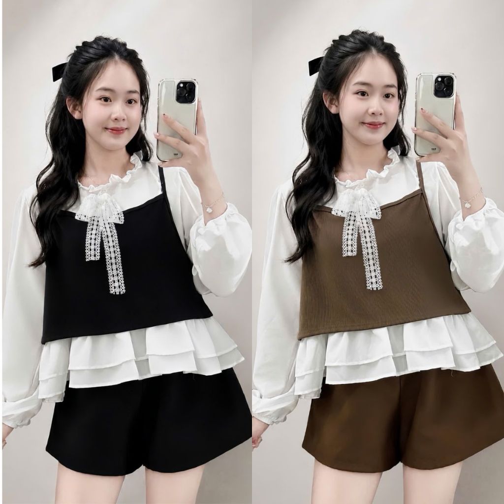 Set Bigsize Nữ Áo Cổ Bèo Phối Gile Ren + Quần Short Đùi Lưng Chun Co Giãn (50–95kg) A347+Q500