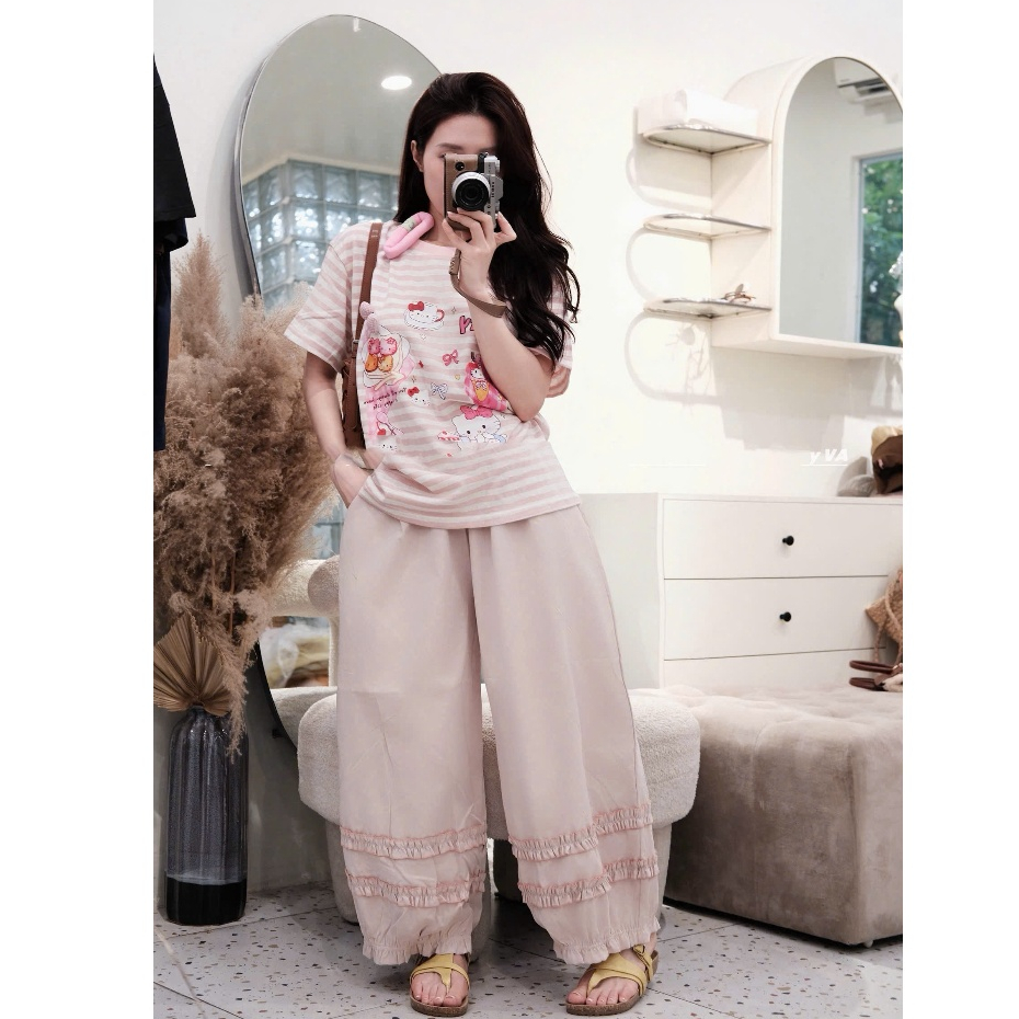 Set Bộ Quần Bèo Chân, Áo Kẻ Ngang In Hình, Chất Cotton, Giấy Quần Thô Kaki Mềm Hàng Chẩn QC