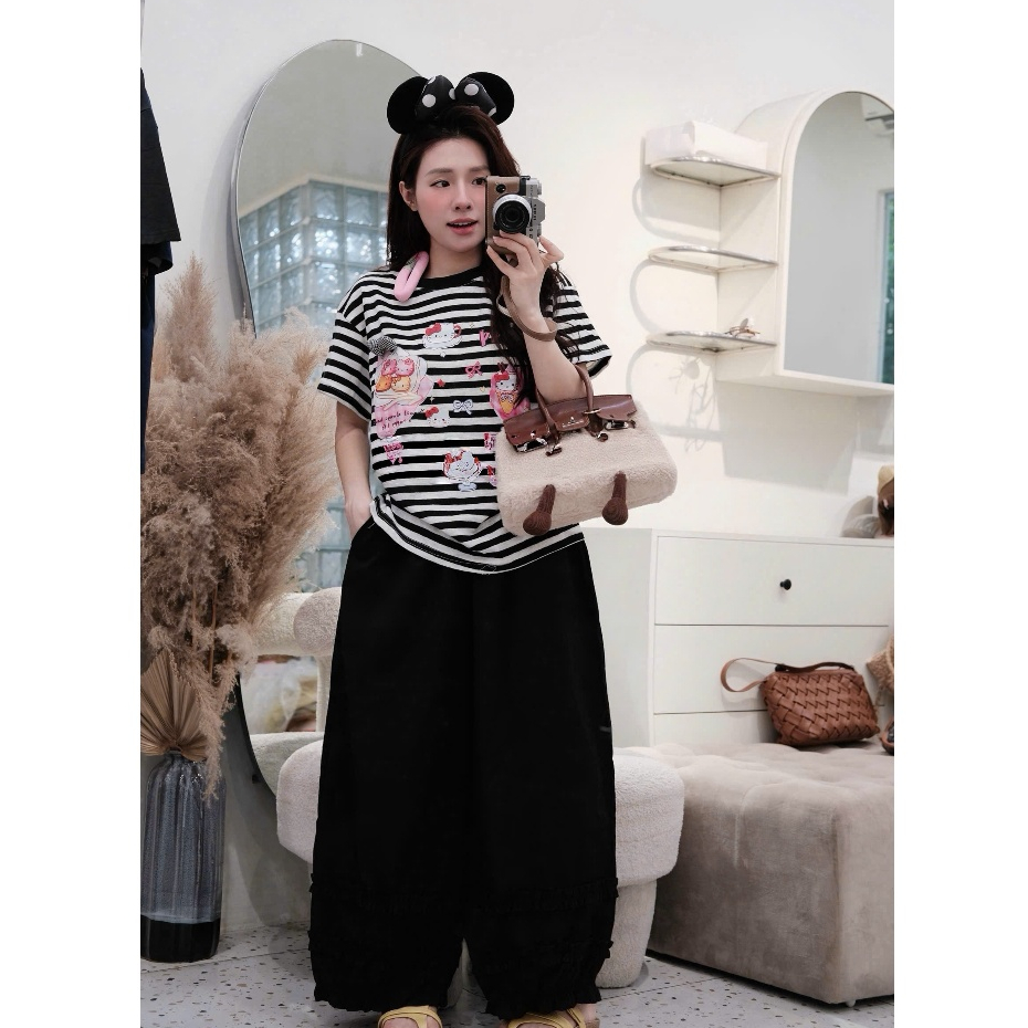 Set Bộ Quần Bèo Chân, Áo Kẻ Ngang In Hình, Chất Cotton, Giấy Quần Thô Kaki Mềm Hàng Chẩn QC