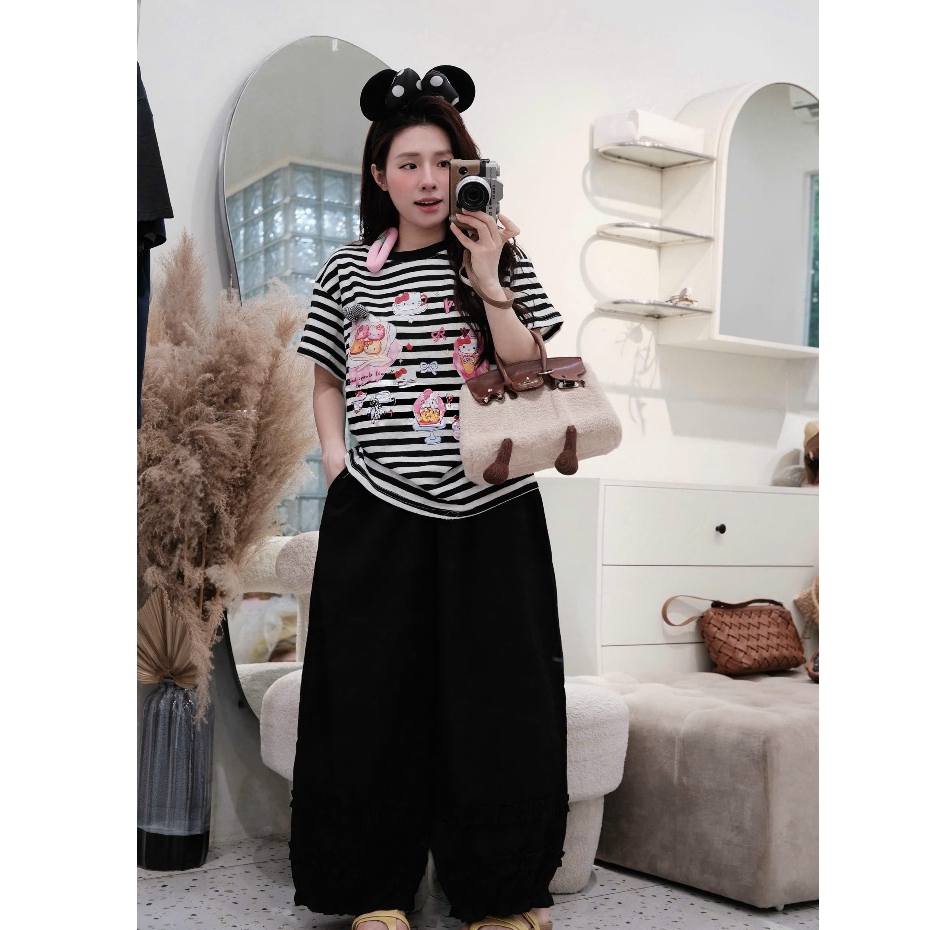 Set Bộ Quần Bèo Chân, Áo Kẻ Ngang In Hình, Chất Cotton, Giấy Quần Thô Kaki Mềm Hàng Chẩn QC