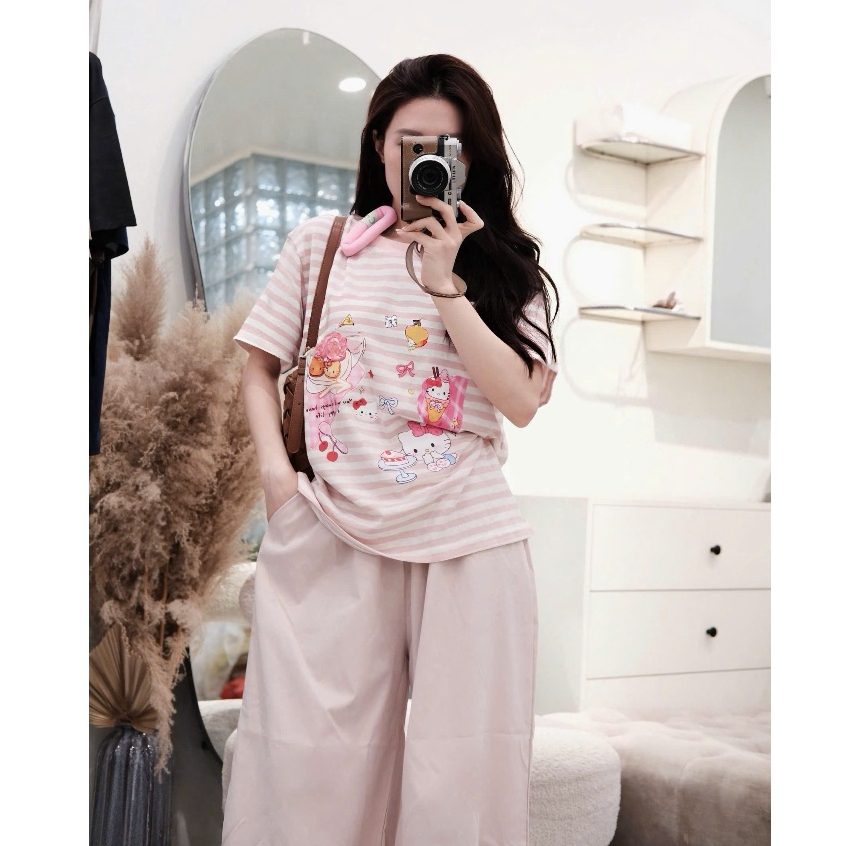 Set Bộ Quần Bèo Chân, Áo Kẻ Ngang In Hình, Chất Cotton, Giấy Quần Thô Kaki Mềm Hàng Chẩn QC