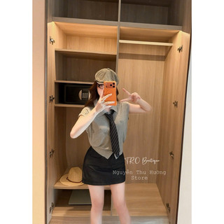 Set Áo Len Cổ Bẻ Cà Vạt Mix Chân Váy Jeans Bò QC