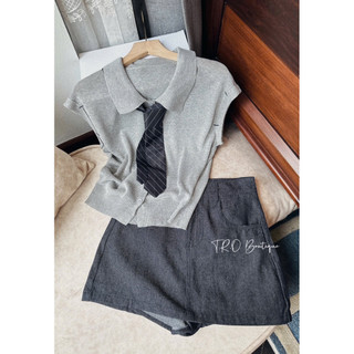 Set Áo Len Cổ Bẻ Cà Vạt Mix Chân Váy Jeans Bò QC