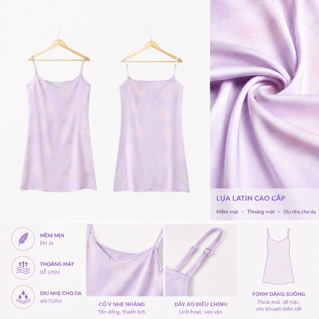 Váy Ngủ Hai Dây Lụa Hoa Tím Pastel Umimodal – Mát, Nhẹ