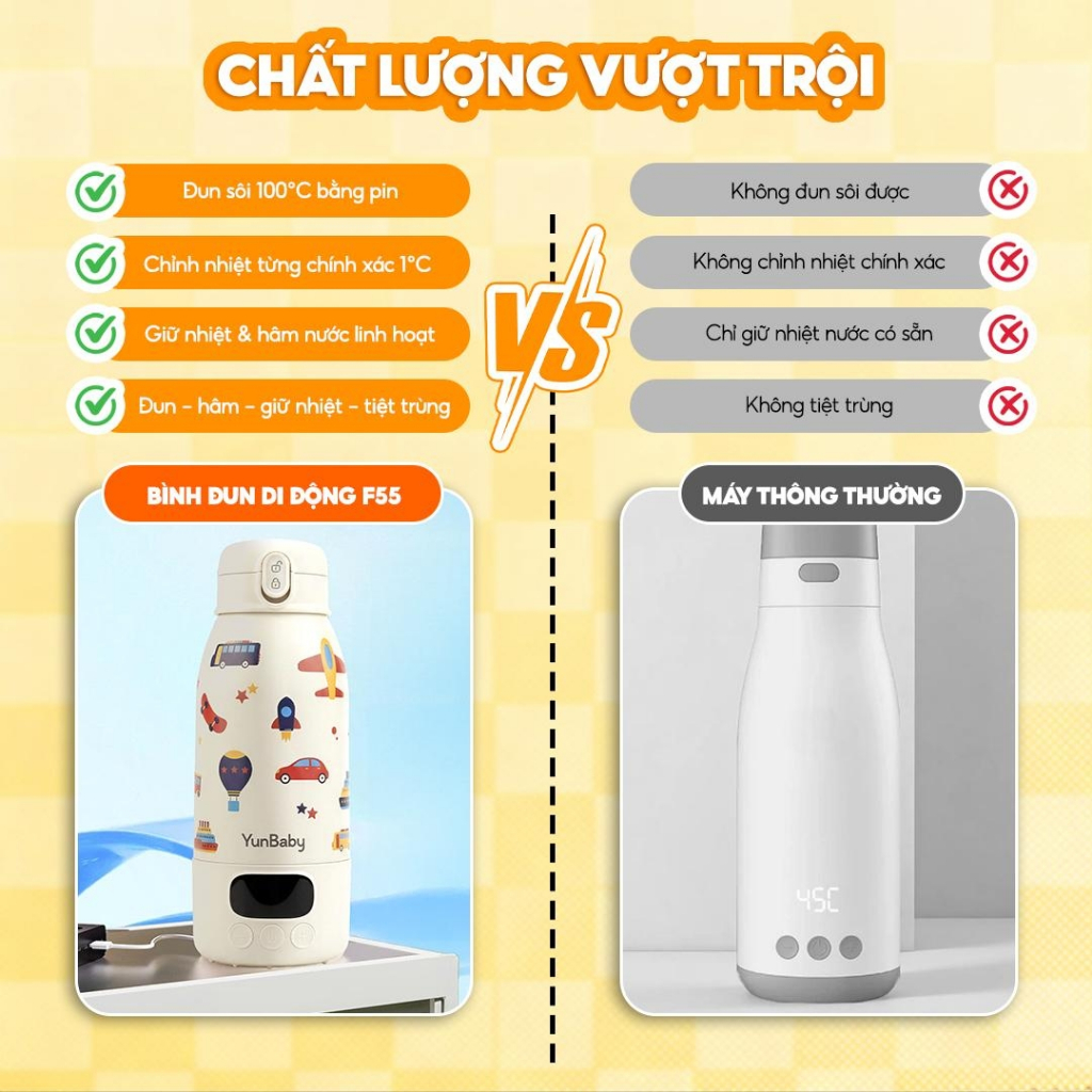 [Bản 2026] Bình đun nước cài nhiệt 35 -100 độ cầm tay di động F55 YunBaby tiện lợi mang theo - BH 3 năm