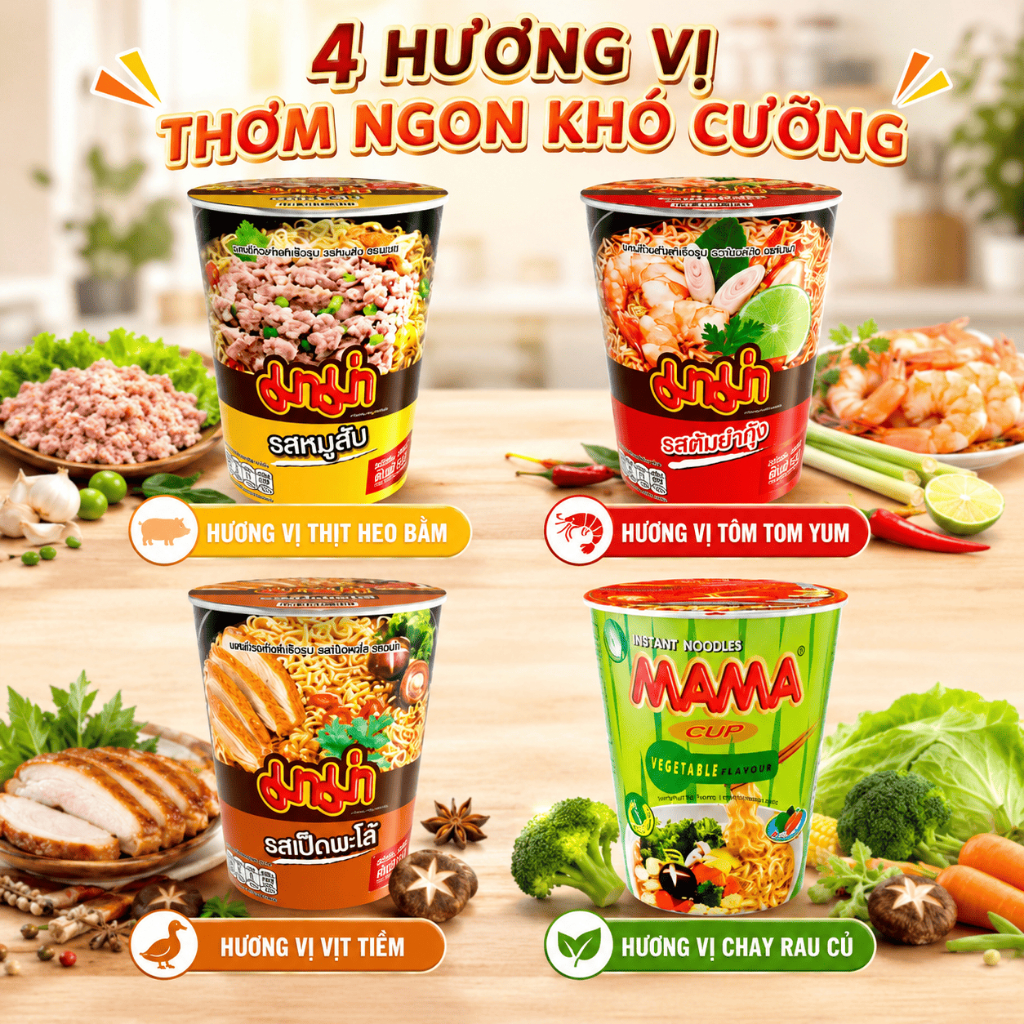 [ COMBO ] Mì Ly Mama Thái Lan Chính Hãng Đủ Vị Tom Yum, Thịt Bằm, Vịt Tiềm, Rau Củ Chay - Mì Ăn Liền