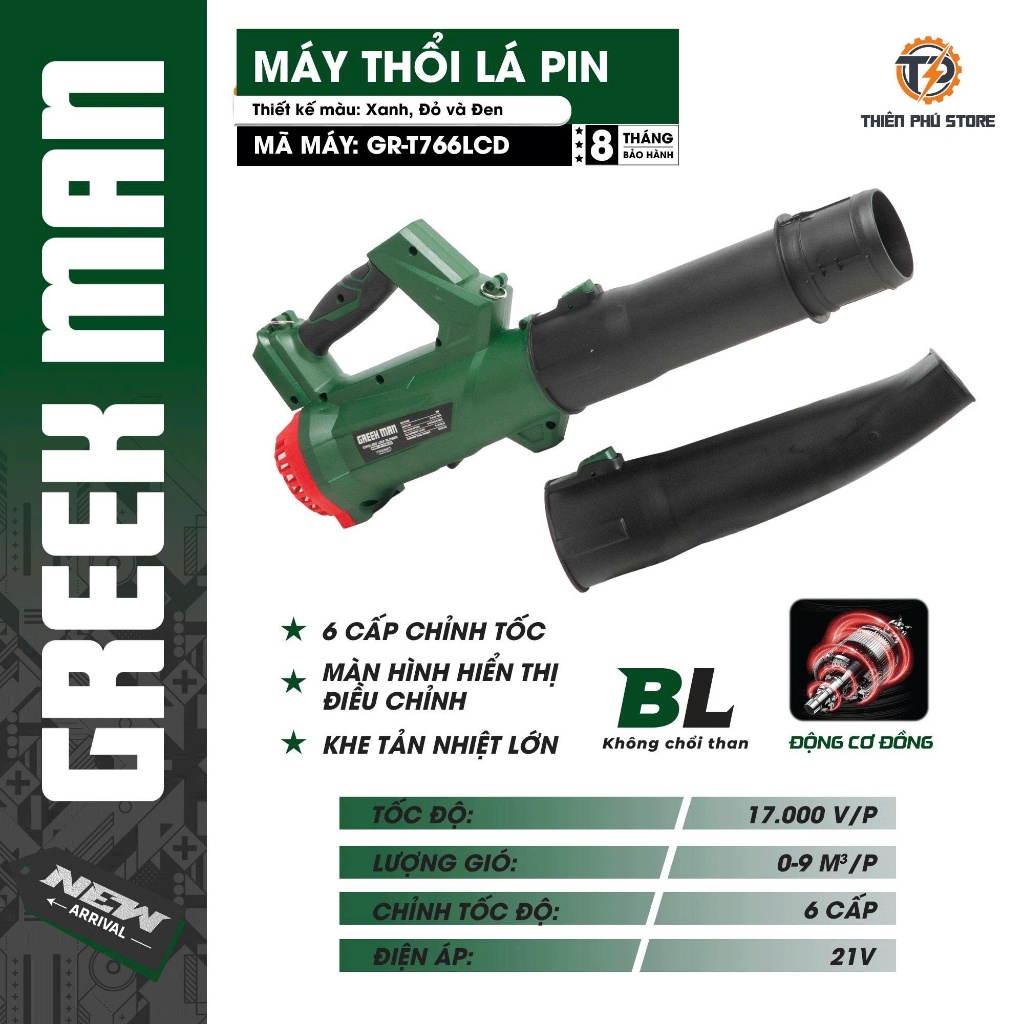 Thân Máy Thổi Bụi Pin GREEKMAN GR-T766LCD  21V | 6 Cấp Chỉnh Tốc, Lưu Lượng Gió 9m³/Phút, Động Cơ Có Chổi Than