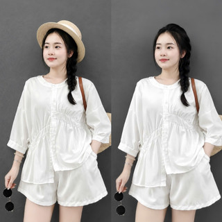 Đồ Bộ Bigsize Nữ Áo Sơ Mi Cổ Tàu Tà Lệch Kèm Quần Đùi Lưng Chun Cho Chubby A293+Q500