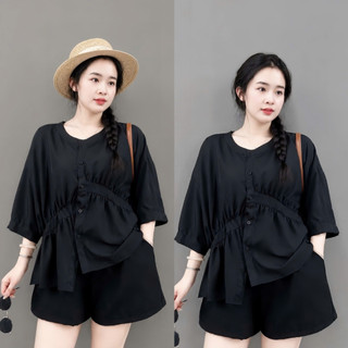 Đồ Bộ Bigsize Nữ Áo Sơ Mi Cổ Tàu Tà Lệch Kèm Quần Đùi Lưng Chun Cho Chubby A293+Q500