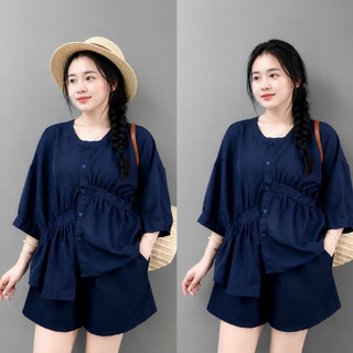 Đồ Bộ Bigsize Nữ Áo Sơ Mi Cổ Tàu Tà Lệch Kèm Quần Đùi Lưng Chun Cho Chubby A293+Q500