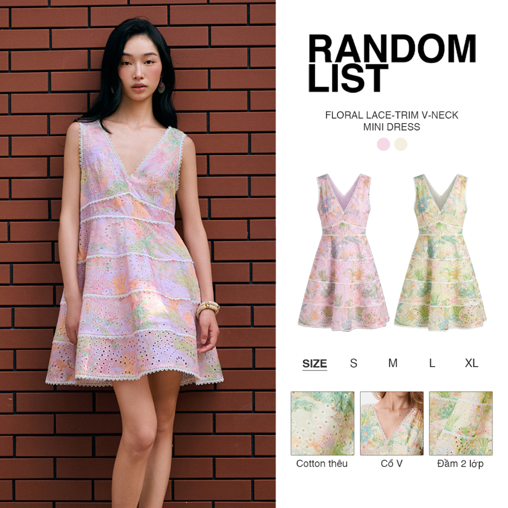 RANDOMLIST - Đầm cổ V dáng ngắn hoạ tiết phối ren nhiều tầng dạo phố - Floral Lace trim V neck Mini Dress