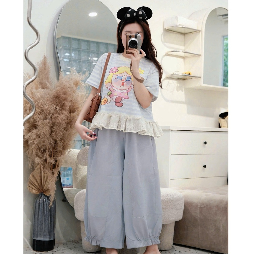 Set Bộ Cotton Giấy Quần Kaki Mềm Áo Phối Ren Cao Cấp Chuẩn QC Freesize Dưới M64 Dưới 60kg