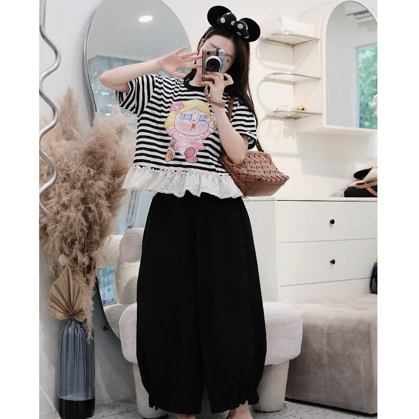 Set Bộ Cotton Giấy Quần Kaki Mềm Áo Phối Ren Cao Cấp Chuẩn QC Freesize Dưới M64 Dưới 60kg