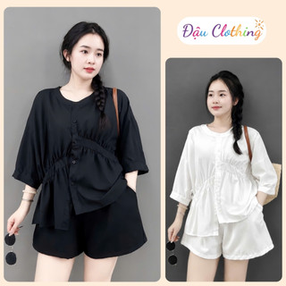 Đồ Bộ Bigsize Nữ Áo Sơ Mi Cổ Tàu Tà Lệch Kèm Quần Đùi Lưng Chun Cho Chubby A293+Q500