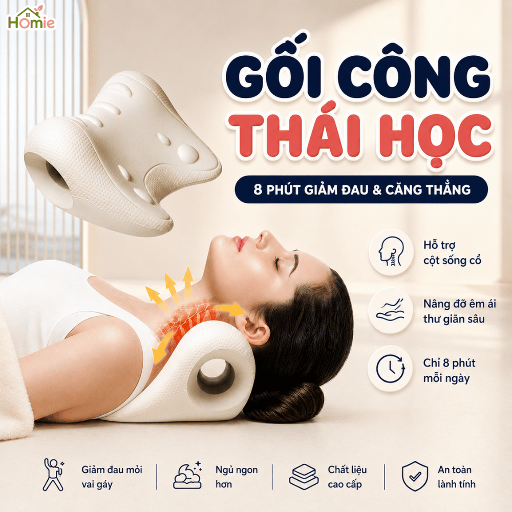 Gối Massage Cổ Gáy Tại Nhà Công Thái Học HOMIE, Giúp Kéo Dãn Đốt Sống Cổ, Thư Giãn, Giảm Đau Mỏi