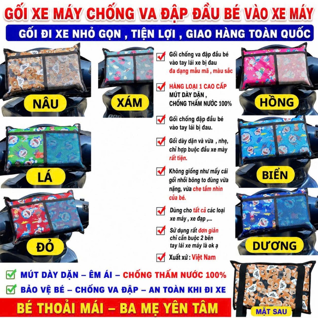[ GỐI HOẠT HÌNH ] GỐI XE MÁY CHỐNG VA ĐẬP ĐẦU BÉ VÀO XE MÁY
