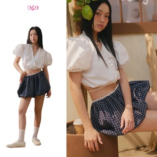 Quần OLV ngắn cạp trễ trẻ trung Navy Checked Drawstring Shorts phù hợp đi chơi