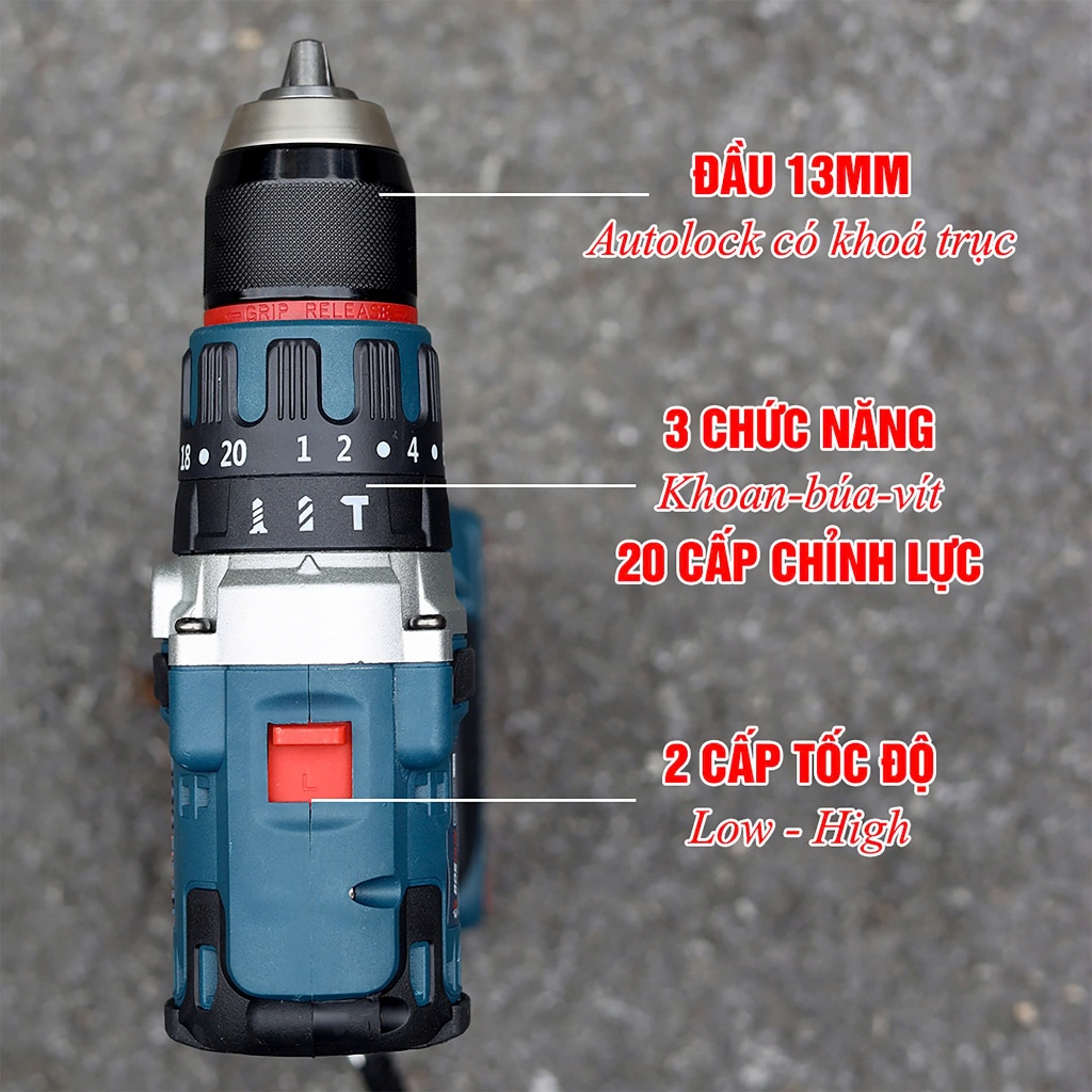 [CHINH HÃNG] Máy Khoan Bossun M21B-ID1390NBL Đầu Kẹp AutoLock 13mm, Không Chổi Than, 3 Chức Năng Khoan Đục Vít