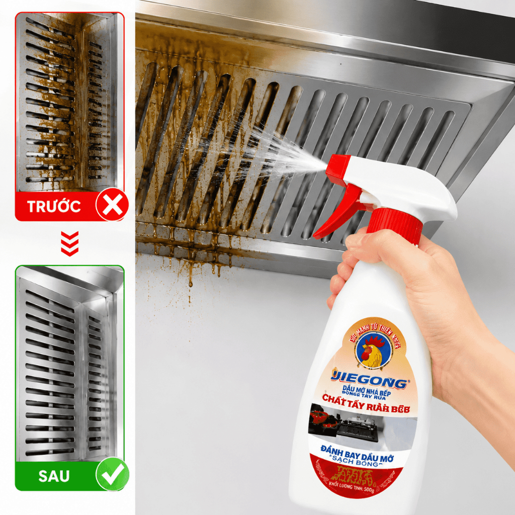 Tẩy dầu mỡ nhà bếp|Tẩy xoong nồi|Hút mùi|Bếp gas|Bếp từ|Đáy xoong|Đáy chảo|Xịt Tẩy Dầu Mỡ Jiegong 600g
