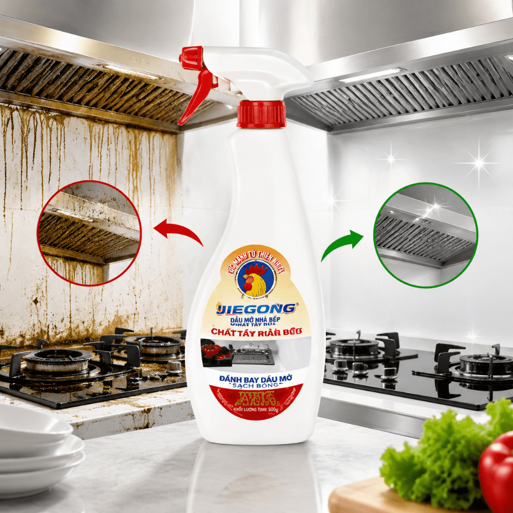 Tẩy dầu mỡ nhà bếp|Tẩy xoong nồi|Hút mùi|Bếp gas|Bếp từ|Đáy xoong|Đáy chảo|Xịt Tẩy Dầu Mỡ Jiegong 600g
