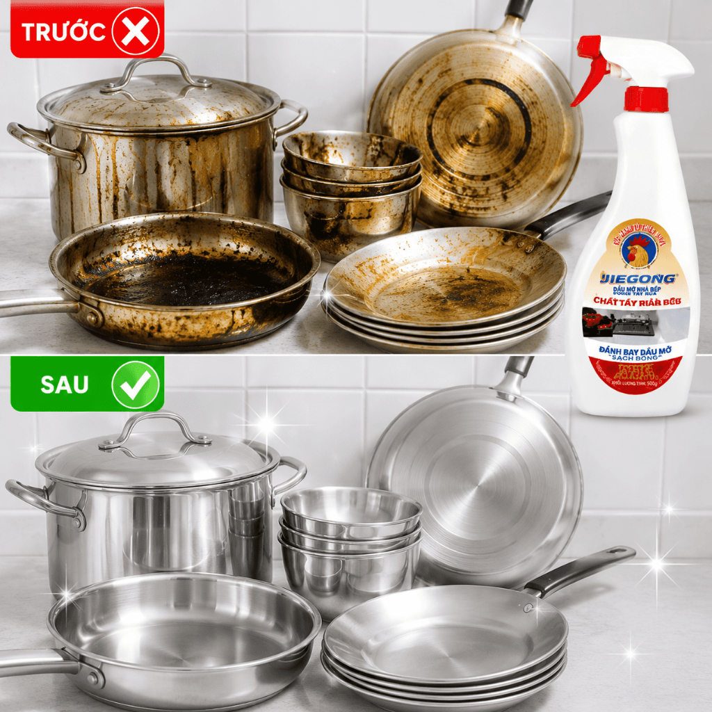Tẩy dầu mỡ nhà bếp|Tẩy xoong nồi|Hút mùi|Bếp gas|Bếp từ|Đáy xoong|Đáy chảo|Xịt Tẩy Dầu Mỡ Jiegong 600g