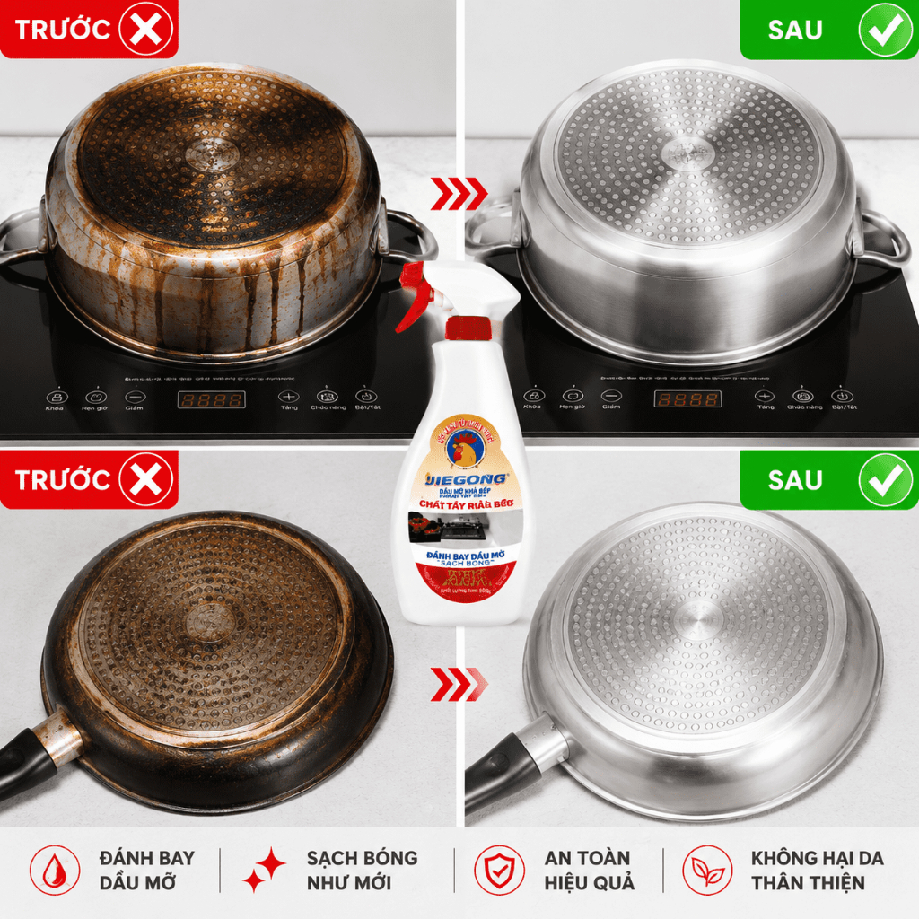 Tẩy dầu mỡ nhà bếp|Tẩy xoong nồi|Hút mùi|Bếp gas|Bếp từ|Đáy xoong|Đáy chảo|Xịt Tẩy Dầu Mỡ Jiegong 600g