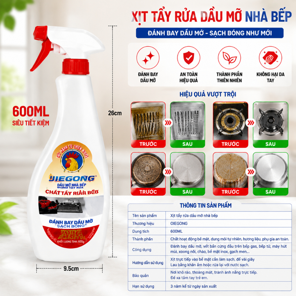 Tẩy dầu mỡ nhà bếp|Tẩy xoong nồi|Hút mùi|Bếp gas|Bếp từ|Đáy xoong|Đáy chảo|Xịt Tẩy Dầu Mỡ Jiegong 600g