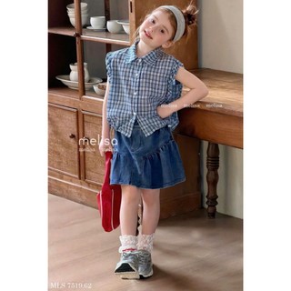 [B&G] Sét váy sơ mi caro tay bèo phối chân váy jean năng động cá tính cho bé gái đi chơi, dự tiệc