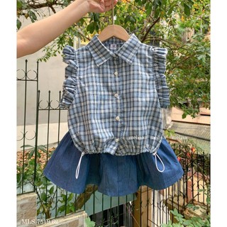 [B&G] Sét váy sơ mi caro tay bèo phối chân váy jean năng động cá tính cho bé gái đi chơi, dự tiệc