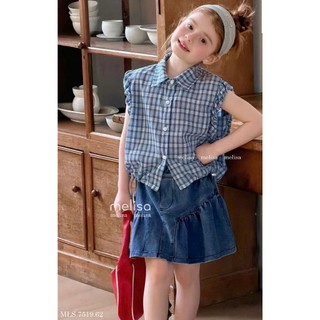 [B&G] Sét váy sơ mi caro tay bèo phối chân váy jean năng động cá tính cho bé gái đi chơi, dự tiệc
