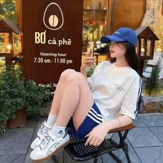 Áo Thun Bộ Thể Thao Nữ ADLV Phối Quần Short 3 Sọc Xanh, Set Đồ Mặc Đi Chơi Hàn Quốc Trẻ Trung