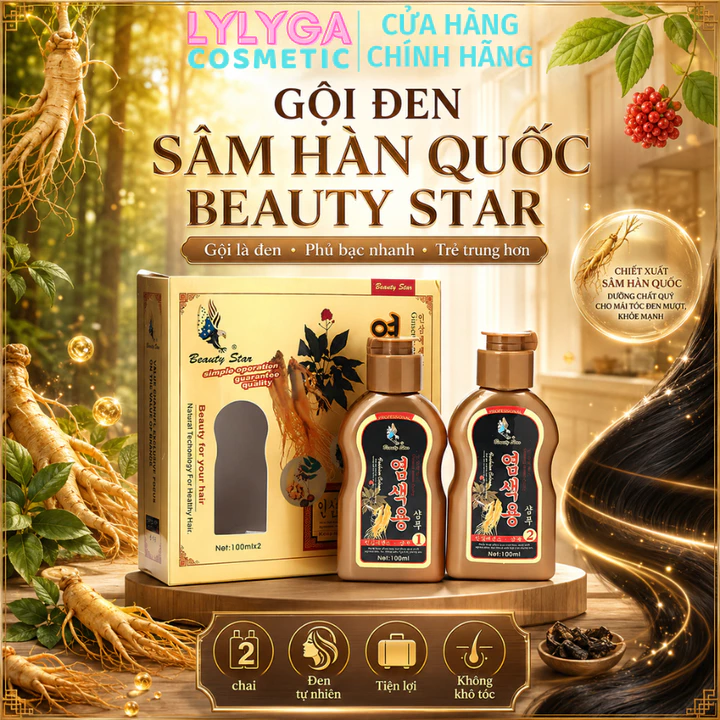 Gội đen Sâm Hàn Quốc Beauty Star hộp sang trọng tiện lợi 2 chai Gội là đen, nhuộm đen tóc, phủ bạc dễ dàng GD02