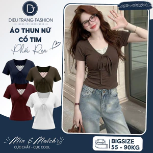Áo Thun nữ tay ngắn 55kg-90kg, áo thun nữ kiểu phối ren chất borip cotton DIEUTRANG_fashion AT9115