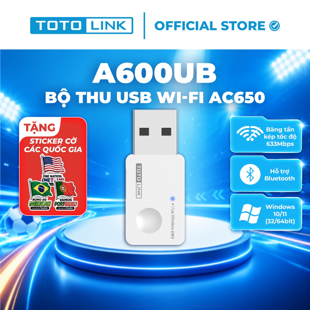 [Hoả Tốc] Bộ thu USB Wi-Fi Bluetooth Mini TOTOLINK A600UB - Chuẩn Wi-Fi 5 AC650 Bluetooth cho PC và laptop