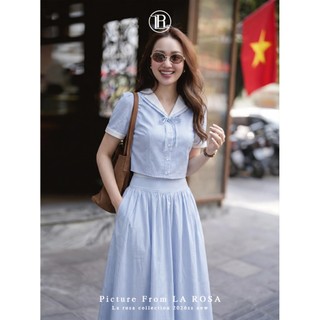 Set Công Sở Basic Trẻ Trung LA ROSA Áo Ngắn Cổ Nơ Phối Chân Váy Dài Tôn Dáng Màu Xanh Kẻ S1097