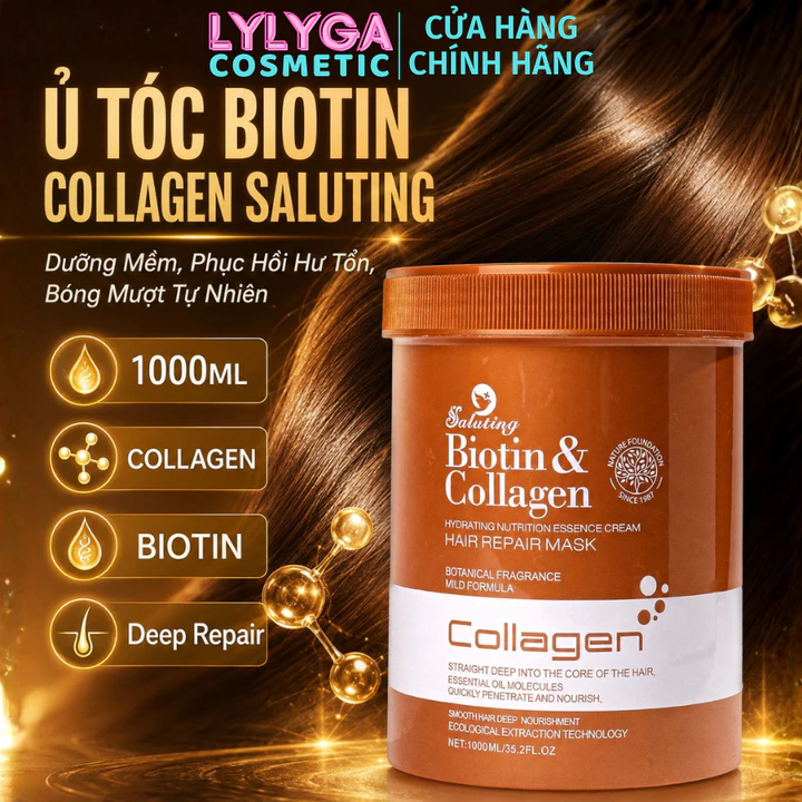 Kem ủ tóc hấp tóc BIOTIN COLLAGEN SALUTING 1000ML Dầu hấp Chăm sóc tóc siêu phục hồi tóc hư tổn UT13