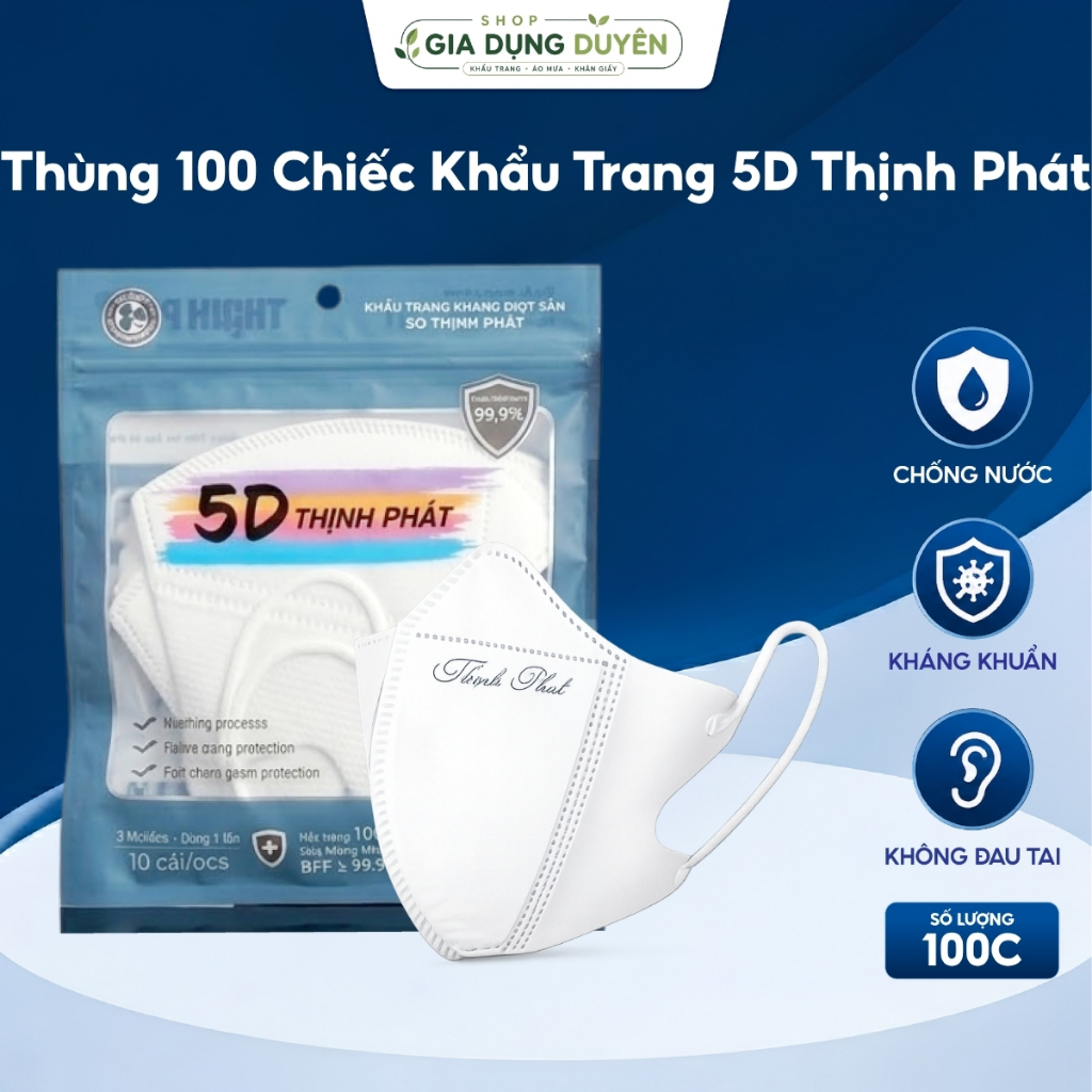 Thùng 100 Chiếc Khẩu Trang 5D Thịnh Phát 3 Lớp Kháng Khuẩn Thun Đeo Tai Mềm Nhiều Màu Sắc