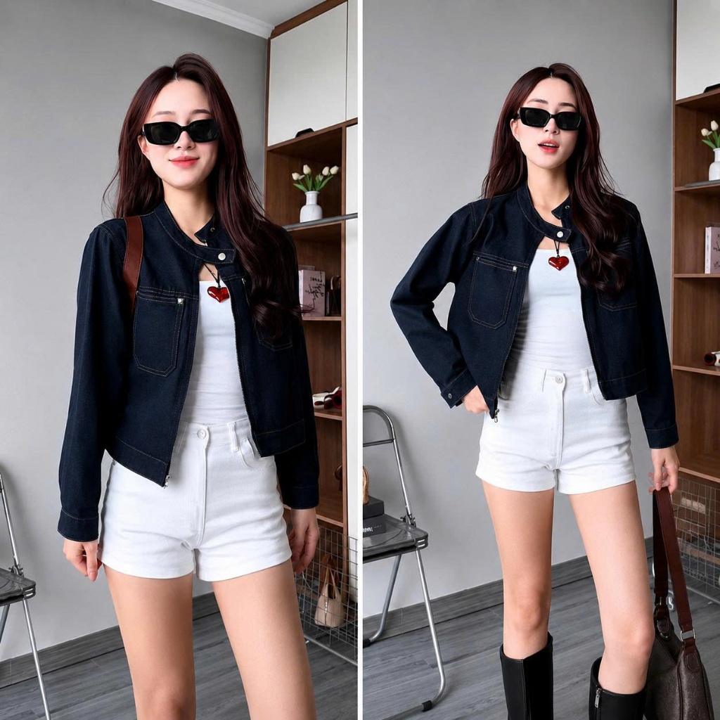 Áo Khoác Jean Nữ Form Vừa Dài 53cm CHEZI HOUSE,  Áo Bò Nữ Dáng Gọn Tôn Dáng Màu Xanh Đậm Basic #8218
