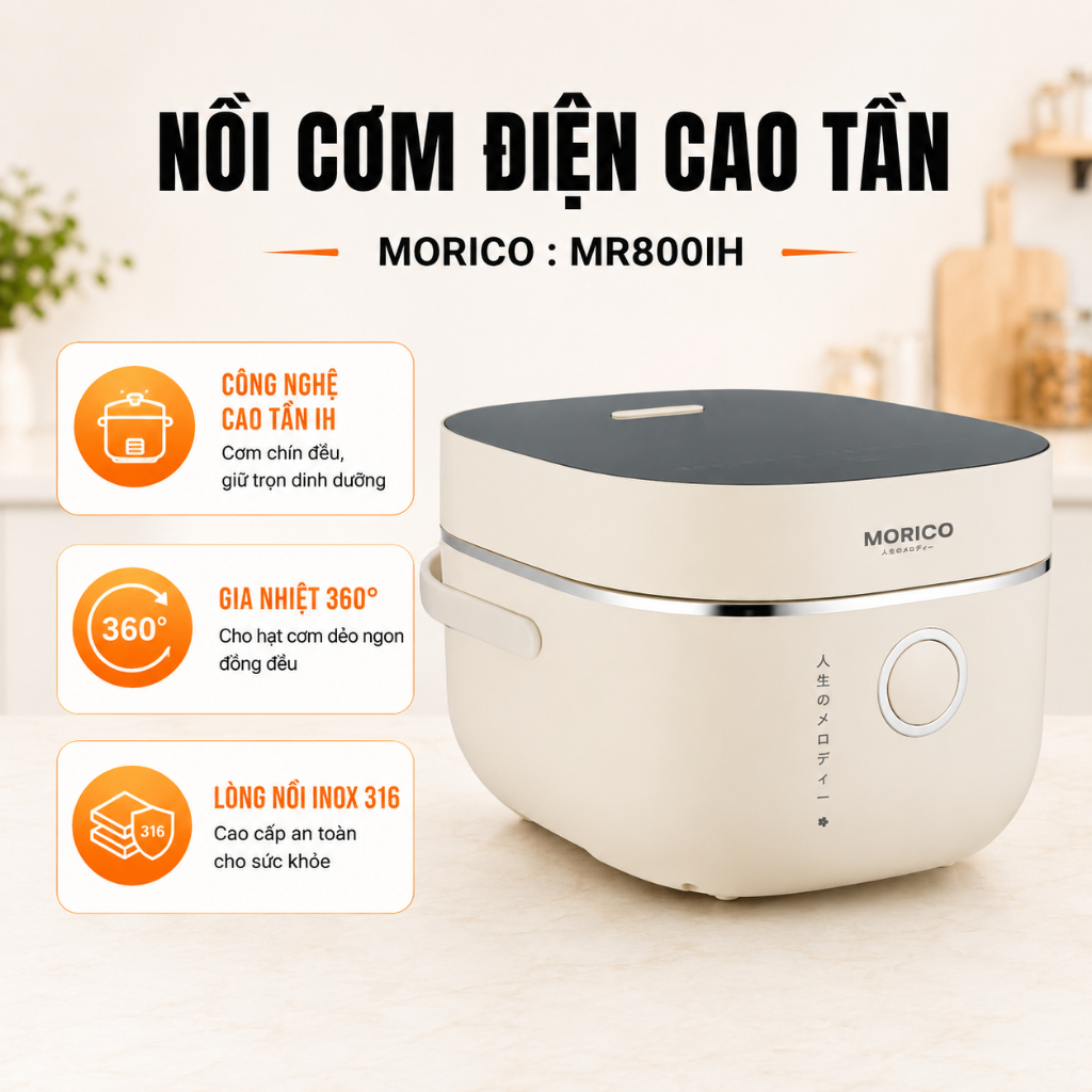 Nồi Cơm Điện Cao Tần Morico MR800IH Inox 316, Công Nghệ IH, Gia Nhiệt 360°, Inverter Tiết Kiệm Điện