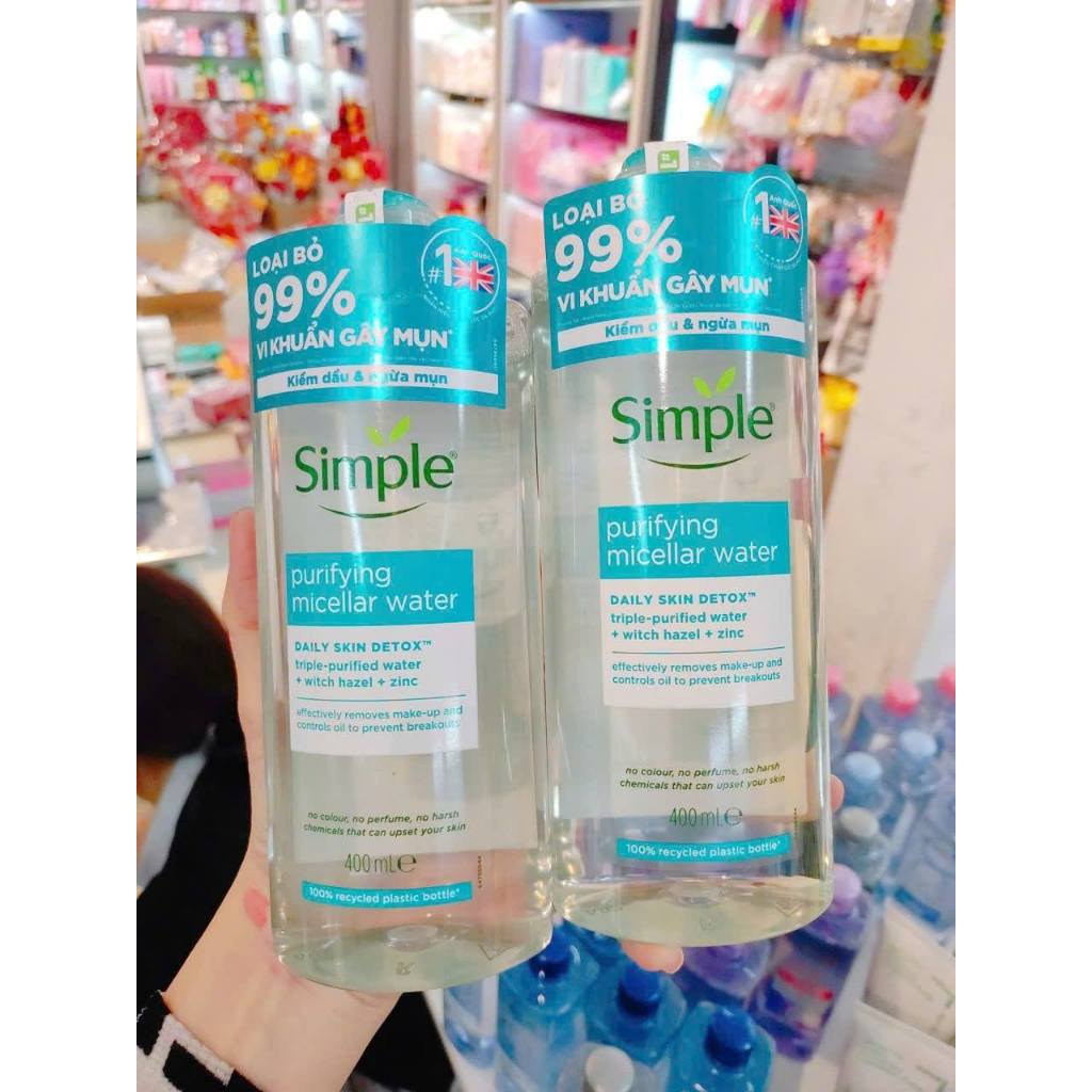 Nước tẩy trang Simple Purifying Micellar Water 400ml cho da dầu mụn xanh dương