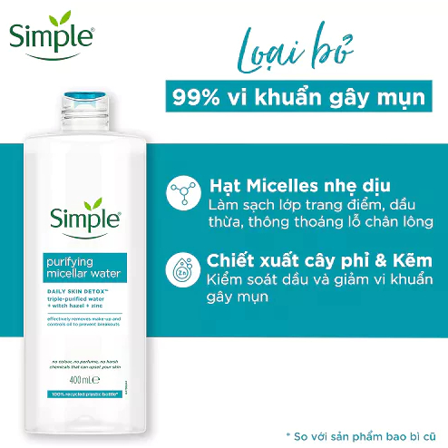 Nước tẩy trang Simple Purifying Micellar Water 400ml cho da dầu mụn xanh dương
