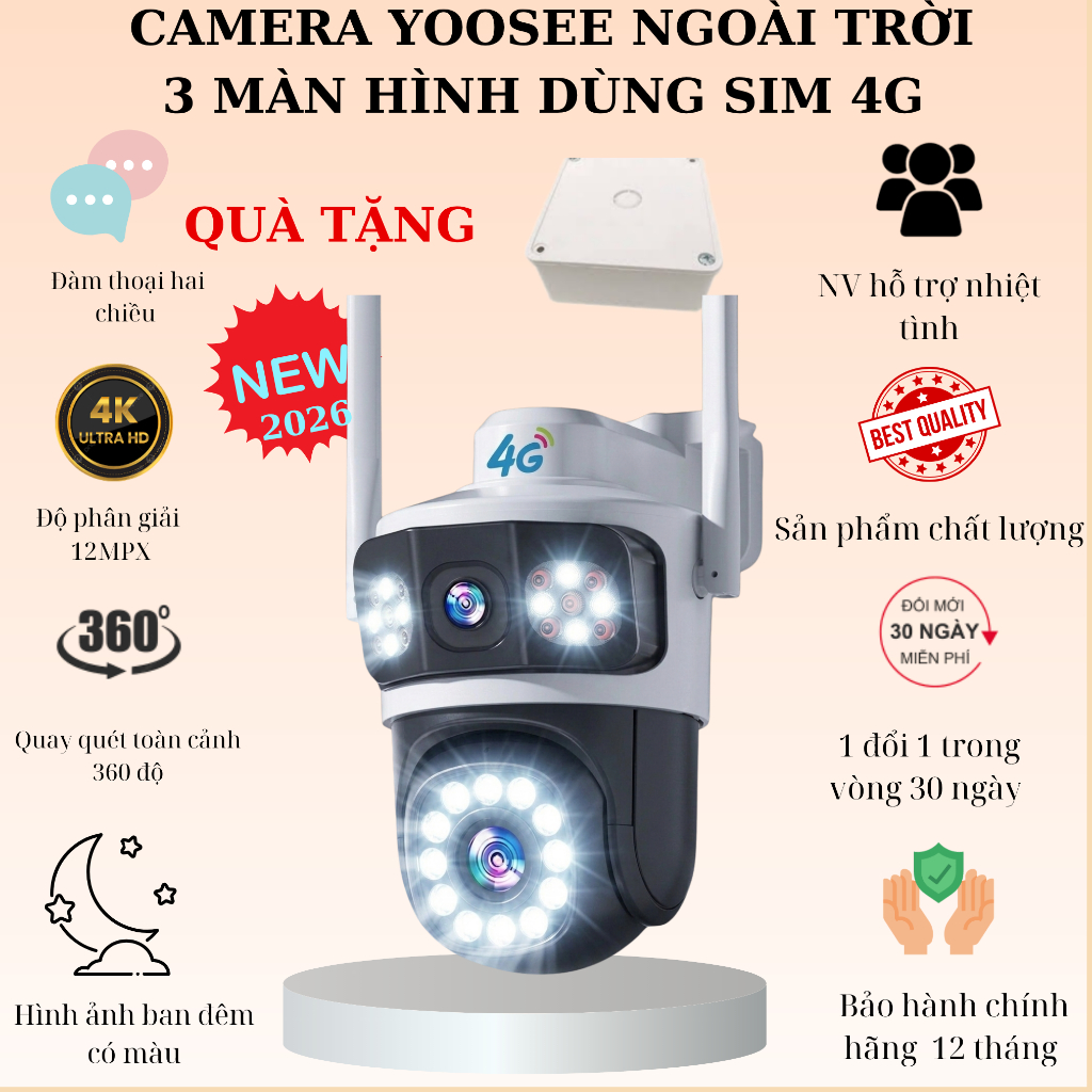 (Lỗi 1 đổi 1) Camera dùng sim 4G Yoosee 3 MÀN HÌNH xoay 360 độ, xem đêm có màu, hỗ trợ đàm thoại 2 chiều