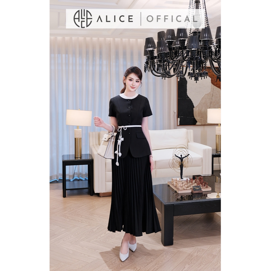 Set Váy Công Sở Cao Cấp Alice Chất Chéo Nhật Lót Lụa, Áo Peplum Cổ Tròn Phối Dây, Chân Váy Dáng Dài Dập li Quạt S1095