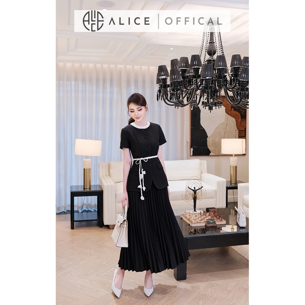 Set Váy Công Sở Cao Cấp Alice Chất Chéo Nhật Lót Lụa, Áo Peplum Cổ Tròn Phối Dây, Chân Váy Dáng Dài Dập li Quạt S1095