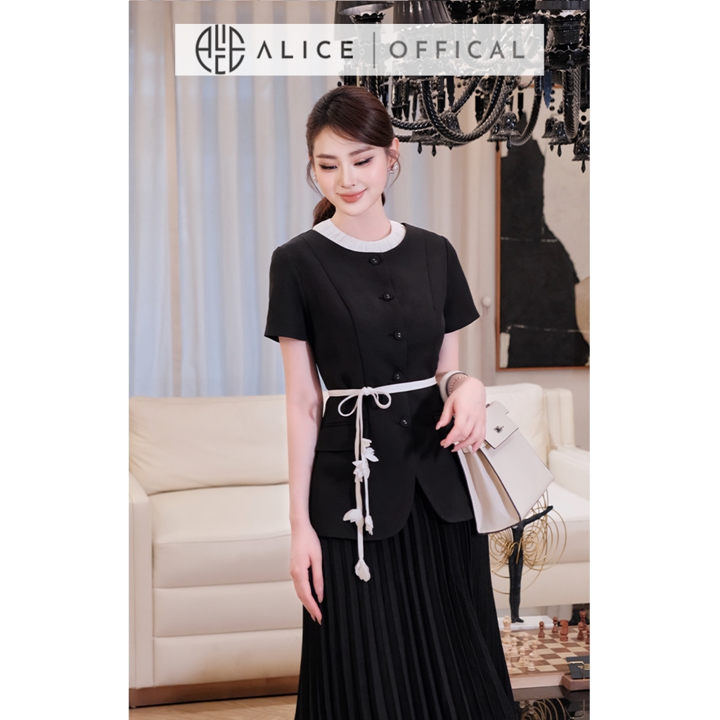 Set Váy Công Sở Cao Cấp Alice Chất Chéo Nhật Lót Lụa, Áo Peplum Cổ Tròn Phối Dây, Chân Váy Dáng Dài Dập li Quạt S1095