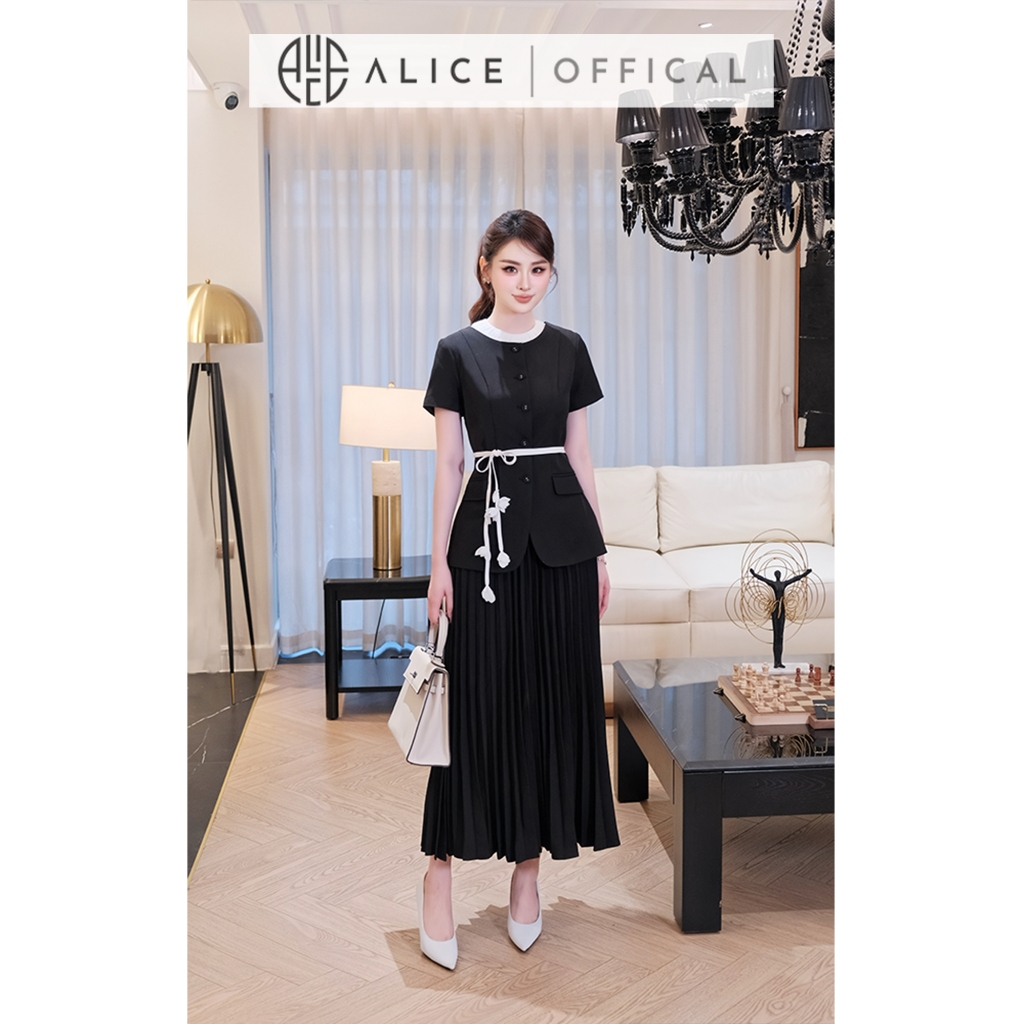 Set Váy Công Sở Cao Cấp Alice Chất Chéo Nhật Lót Lụa, Áo Peplum Cổ Tròn Phối Dây, Chân Váy Dáng Dài Dập li Quạt S1095