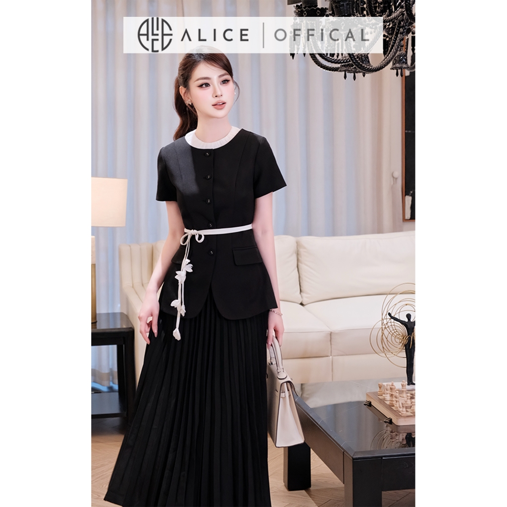 Set Váy Công Sở Cao Cấp Alice Chất Chéo Nhật Lót Lụa, Áo Peplum Cổ Tròn Phối Dây, Chân Váy Dáng Dài Dập li Quạt S1095